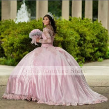 Load image into Gallery viewer, vestidos de 15 años 2021 Off Shoulder Long Sleeves Appliques Lace Corset Back Quinceanera Prom Party Dress