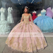 Load image into Gallery viewer, Princess Pink Quinceanera Dress 2022 Long Sleeves Sequins Lace vestidos de 15 años Sweet 16 Prom Party Wear Custom