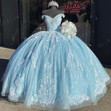 Load image into Gallery viewer, Vestidos De 15 Años Sky Blue Quinceanera Dresses Lace Applique Beaded Bling Organza Off Shoulder Sweet 16 Dress robe de soirée