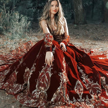 Load image into Gallery viewer, Burgundy Velvet Princess Quinceanera Dress Ball Gown Sequins Lace Applique Vestido Mexicano Style Sweet 15 Prom Gown