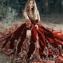 Load image into Gallery viewer, Burgundy Velvet Princess Quinceanera Dress Ball Gown Sequins Lace Applique Vestido Mexicano Style Sweet 15 Prom Gown