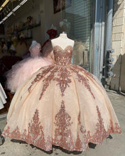 Load image into Gallery viewer, Rose Gold Sequins Applique Quinceanera Dresses 2021 Sweetheart Lace-up Corset Ruffles Tiered Skirt Princess Vestido mexicano