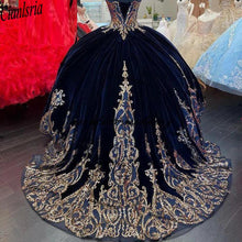 Load image into Gallery viewer, 2021 Navy Blue Velvet Princess Quinceanera Dress Ball Gown Sequins Lace Applique Vestido Mexicano Style Sweet 15 Prom Gowns