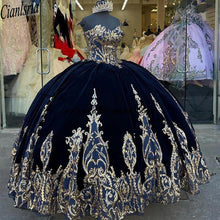 Load image into Gallery viewer, 2021 Navy Blue Velvet Princess Quinceanera Dress Ball Gown Sequins Lace Applique Vestido Mexicano Style Sweet 15 Prom Gowns