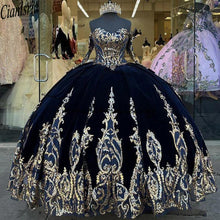 Load image into Gallery viewer, 2021 Navy Blue Velvet Princess Quinceanera Dress Ball Gown Sequins Lace Applique Vestido Mexicano Style Sweet 15 Prom Gowns