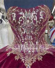 Load image into Gallery viewer, Burgundy Velvet Princess Quinceanera Dress Ball Gown Sequins Lace Applique Vestido Mexicano Style Sweet 16 Prom Gown