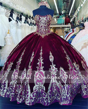 Load image into Gallery viewer, Burgundy Velvet Princess Quinceanera Dress Ball Gown Sequins Lace Applique Vestido Mexicano Style Sweet 16 Prom Gown