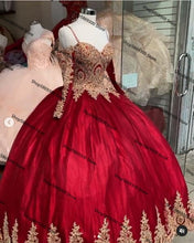 Load image into Gallery viewer, Gold Lace Beaded Quinceanera Dresses with Long Sleeve 2021 Red Lace-up Corset Sweetheart Vestido mexicano Sweet 15 Prom Dresses