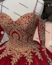 Load image into Gallery viewer, Gold Lace Beaded Quinceanera Dresses with Long Sleeve 2021 Red Lace-up Corset Sweetheart Vestido mexicano Sweet 15 Prom Dresses