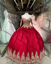 Load image into Gallery viewer, Gold Lace Beaded Quinceanera Dresses with Long Sleeve 2021 Red Lace-up Corset Sweetheart Vestido mexicano Sweet 15 Prom Dresses