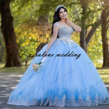 Load image into Gallery viewer, New Sky Blue Princess Quinceanera Dress Ball Gown Bead Lace Applique Vestido Mexicano Style Sweet 15 Prom Gown