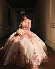 Load image into Gallery viewer, Charro Blush Quinceanera Dresses with long sleeve Rose Gold Applque Sequin vestidos de 15 años Off Shoulder Sweet 16 Dress