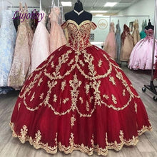 Load image into Gallery viewer, Red Quinceanera Dresses Ball Gown Off Shoulder Corset Plus Size Lace Mexican 15 year old Sixteen Princess Sweet 16 Prom Dress