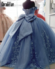 Load image into Gallery viewer, Mexican Dusty Blue Quinceanera Dress with 3D Floral Applique Vestidos XV Años Sweet 16 Dress Bow robe de soirée