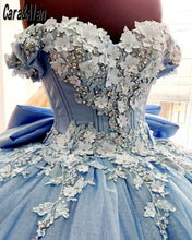 Load image into Gallery viewer, Mexican Dusty Blue Quinceanera Dress with 3D Floral Applique Vestidos XV Años Sweet 16 Dress Bow robe de soirée