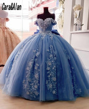 Load image into Gallery viewer, Mexican Dusty Blue Quinceanera Dress with 3D Floral Applique Vestidos XV Años Sweet 16 Dress Bow robe de soirée