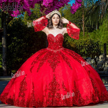 Load image into Gallery viewer, Mexican Dark Red vestidos de 15 años Quinceanera Dress with Removeable Sleeves Sequin Applique Sweet 16 Dress Long Prom Gown