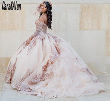 Load image into Gallery viewer, Mexican Dark Red vestidos de 15 años Quinceanera Dress with Removeable Sleeves Sequin Applique Sweet 16 Dress Long Prom Gown