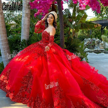 Load image into Gallery viewer, Mexican Dark Red vestidos de 15 años Quinceanera Dress with Removeable Sleeves Sequin Applique Sweet 16 Dress Long Prom Gown