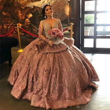 Load image into Gallery viewer, Luxury Purple Mexican Quinceanera Dress 2021 Scoop Crystal Lace Applique Long Sleeves Ball Gown Prom Party Sweet 16 Dress Violet
