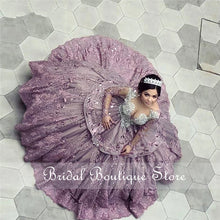 Load image into Gallery viewer, Luxury Purple Mexican Quinceanera Dress 2021 Scoop Crystal Lace Applique Long Sleeves Ball Gown Prom Party Sweet 16 Dress Violet