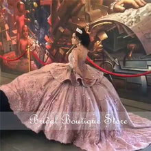 Load image into Gallery viewer, Luxury Purple Mexican Quinceanera Dress 2021 Scoop Crystal Lace Applique Long Sleeves Ball Gown Prom Party Sweet 16 Dress Violet