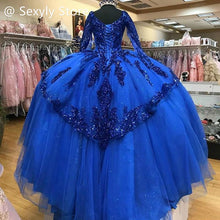 Load image into Gallery viewer, Sparkly Bling Royal Blue Quinceanera Dresses Princess Long Sleeve Ball Gown Prom Dress With Sequin 2021 Mexican Birthday 15 Wear