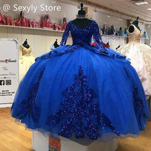 Load image into Gallery viewer, Sparkly Bling Royal Blue Quinceanera Dresses Princess Long Sleeve Ball Gown Prom Dress With Sequin 2021 Mexican Birthday 15 Wear