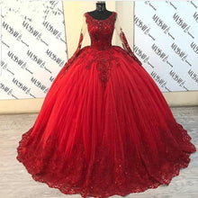 Load image into Gallery viewer, Puffy Ball Gown Quinceanera Dresses Long Sleeve Red Tulle Beaded Lace Sweet 16 Mexican Party Dress Cinderella Ball Gowns
