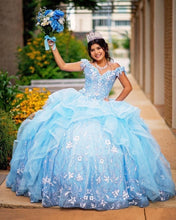 Load image into Gallery viewer, Mexican vestidos de XV años 2021 Sky Blue Quinceanera Dresses Lace Applique Ruffles Skirt vestido debutante 15 anos Prom Gowns