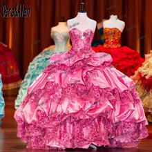 Load image into Gallery viewer, Mexican Traditional Quinceanera Dresses Sweetheart Tiered Lace Satin Sweet 16 Hot Pink Vestidos de xv años