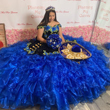 Load image into Gallery viewer, Modern Black Velvet Royal Blue Patterned Flowers 2022 Quinceanera Dresses Mexican XV Off shoulder Ball Gown with Sleeves Plus