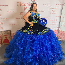 Load image into Gallery viewer, Modern Black Velvet Royal Blue Patterned Flowers 2022 Quinceanera Dresses Mexican XV Off shoulder Ball Gown with Sleeves Plus