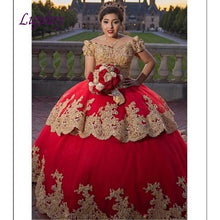 Load image into Gallery viewer, Red and Gold Quinceanera Dresses Ball Gown Mexican Tulle Plus Size Princess Masquerade Sweet 16 Prom Dress 15 year old