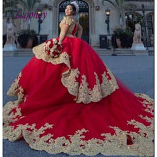 Load image into Gallery viewer, Red and Gold Quinceanera Dresses Ball Gown Mexican Tulle Plus Size Princess Masquerade Sweet 16 Prom Dress 15 year old