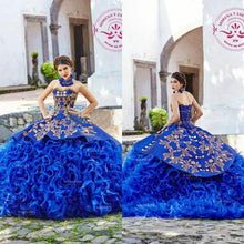 Load image into Gallery viewer, Royal Blue Mexican Quinceanera Dresses Gold Appliques Prom Gowns Beads Organza Ruffles Skirt Corset Back Pageant Dress
