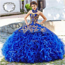 Load image into Gallery viewer, Royal Blue Mexican Quinceanera Dresses Gold Appliques Prom Gowns Beads Organza Ruffles Skirt Corset Back Pageant Dress