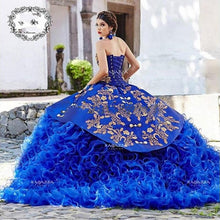 Load image into Gallery viewer, Royal Blue Mexican Quinceanera Dresses Gold Appliques Prom Gowns Beads Organza Ruffles Skirt Corset Back Pageant Dress
