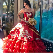 Load image into Gallery viewer, Cara&Alan Strapless Red Quinceanera Dresses Beading Appliqued Sweet 16 Dress Satin Tiered Skirt Mexican vestidos de xv años