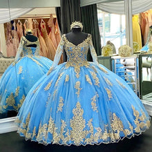 Load image into Gallery viewer, Blue Long Sleeve Lace Quinceanera Dresses Ball Gown Mexican Tulle Sequin Princess Masquerade Sweet 16 Prom Dress 15 year old