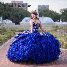 Load image into Gallery viewer, Royal Blue Mexican Quinceanera Dresses Gold Appliques Prom Gowns Beads Organza Ruffles Skirt Corset Back Pageant Dress