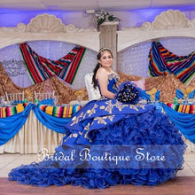 Load image into Gallery viewer, Royal Blue Mexican Quinceanera Dresses Gold Appliques Prom Gowns Beads Organza Ruffles Skirt Corset Back Pageant Dress