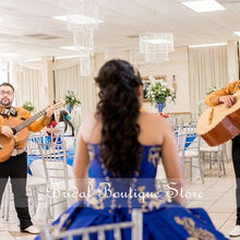 Load image into Gallery viewer, Royal Blue Mexican Quinceanera Dresses Gold Appliques Prom Gowns Beads Organza Ruffles Skirt Corset Back Pageant Dress