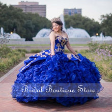 Load image into Gallery viewer, Royal Blue Mexican Quinceanera Dresses Gold Appliques Prom Gowns Beads Organza Ruffles Skirt Corset Back Pageant Dress
