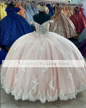 Load image into Gallery viewer, Mexican Pink Quinceanera Dresses with Lace Off Shoulder Ball Gown Prom Dress vestidos de 15 años Custom Size