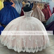 Load image into Gallery viewer, Mexican Pink Quinceanera Dresses with Lace Off Shoulder Ball Gown Prom Dress vestidos de 15 años Custom Size