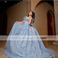 Load image into Gallery viewer, Cinderalla Sky Blue Quinceanera Dress 2022 Sequins Appliques Lace Ball Gown Prom Gowns Mexican Girl Birthday Party Gowns
