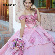 Load image into Gallery viewer, Pink Quinceanera Dresses 2022 Flower Lace Mexican Ball Gown Prom Dress GirlBirthday Party Vestidos Butantes 15 anos Custom Made