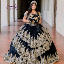Load image into Gallery viewer, Black Quinceanera Dresses Ball Gown Mexican Tulle Princess Off Shoulder Masquerade Sweet 16 Prom Dress 15 year old