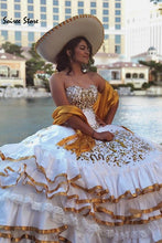 Load image into Gallery viewer, Ball Gown Quinceanera Dresses Mexican White And Gold Crystal Prom Dresses Ruffels Sweet 15 Dress Cinderella Party Gown 16 Year